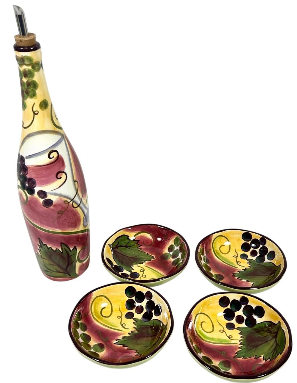 Clay Art Wine Garden Olive Oil Bottle 4 Dipping Bowl Hand-Painted Ceramic Grapes